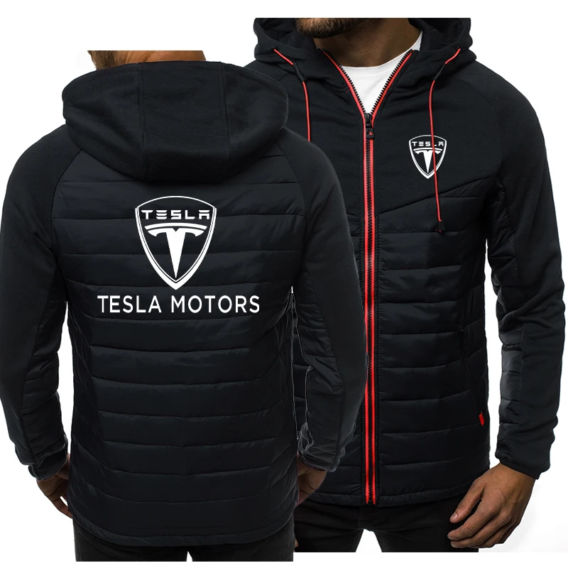 

Primavera outono tesla logotipo roupas dos homens grosso casaco de algodão quente gola masculina jaqueta com zíper hoodies casac