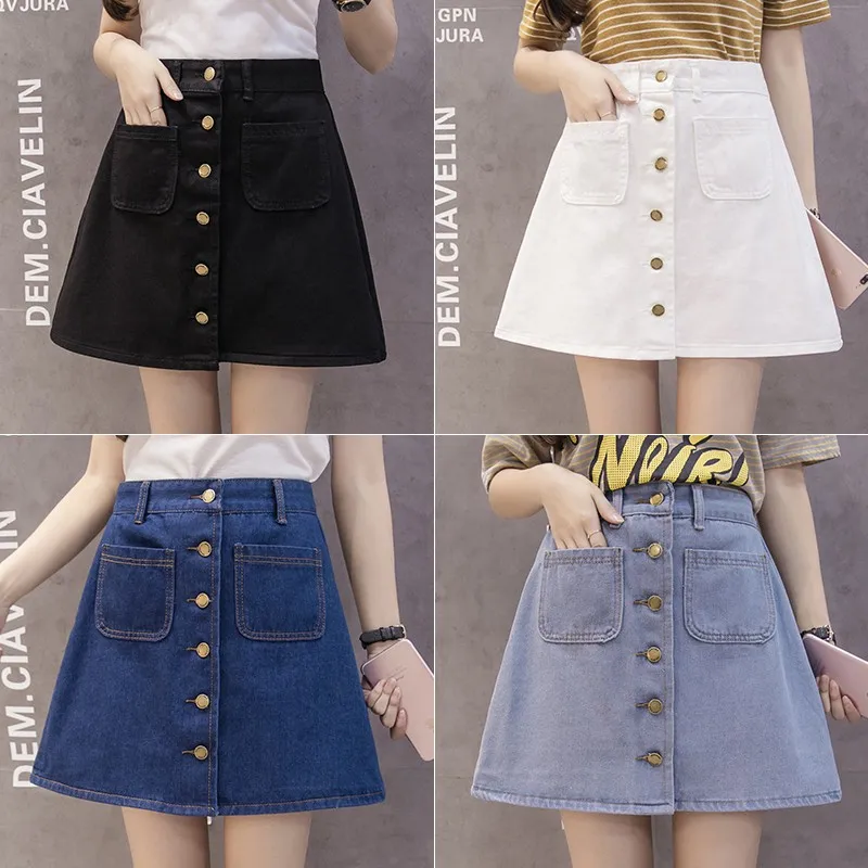 

WEIXINBUY Summer Womens Comfortable Breathable Casual A-Line Jeans Fashion Button High Waist Small Pockets Skirt
