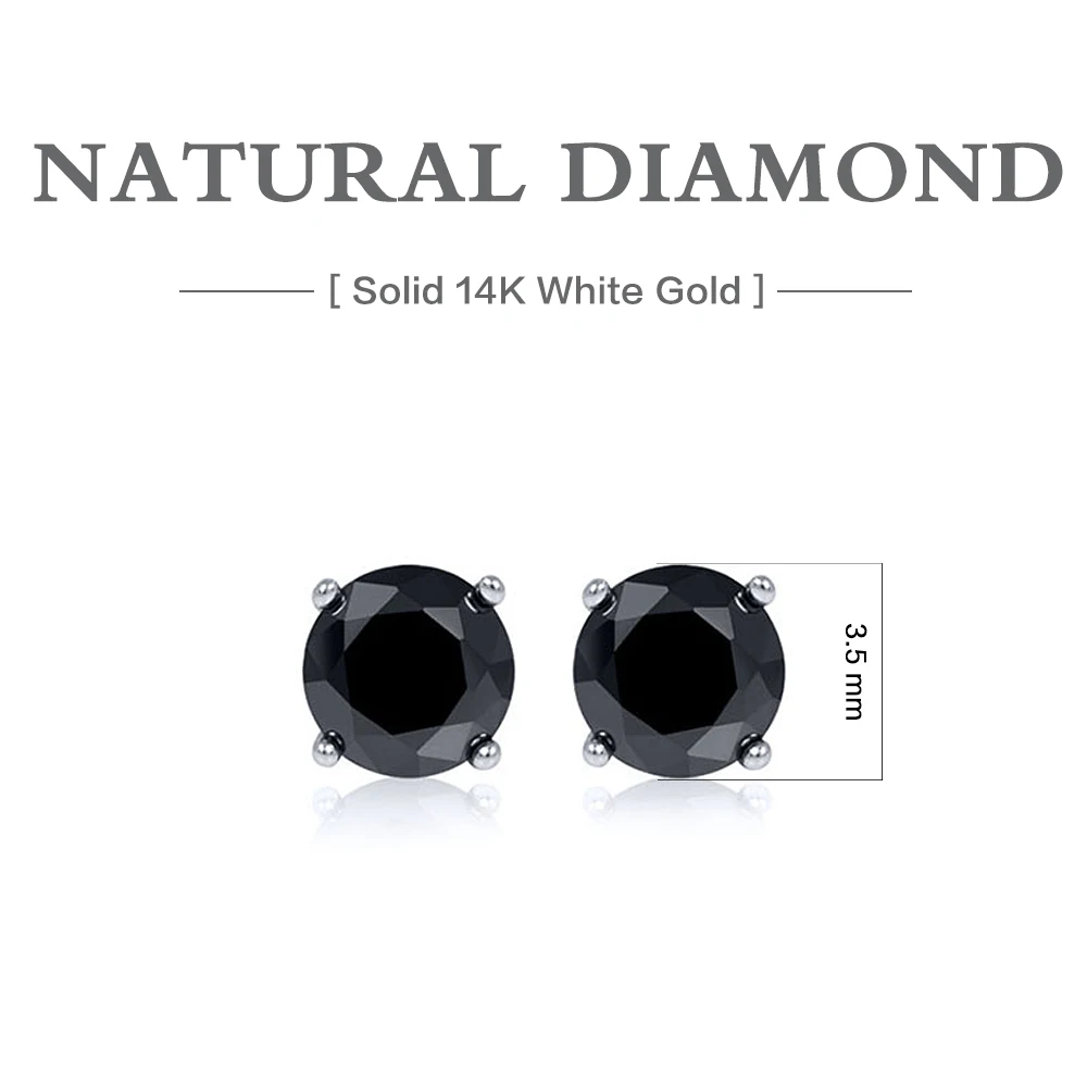 Женские круглые серьги гвоздики с натуральным черным бриллиантом 14K белое золото