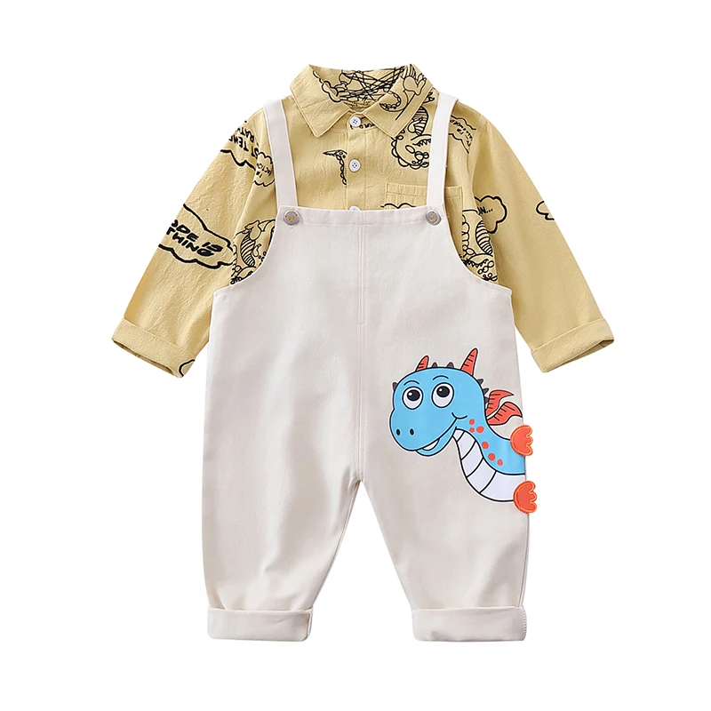 

Printed Shirt Suspenders Set Lapel Single Pocket Single-breasted Overalls Spring and Autumn Children's Clothes