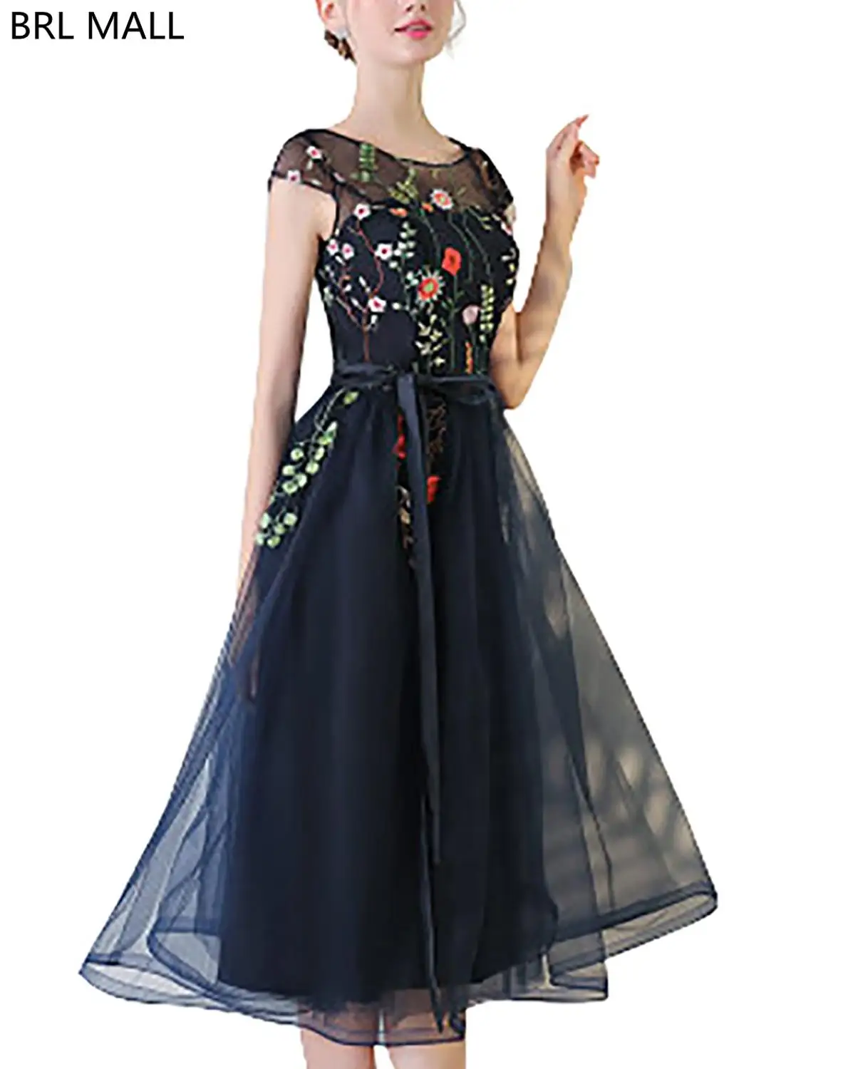 

Cheap Black Embrodiery Appliques Short Prom Dresses Knee Length Formal Evening Dress Lace Up Back Party Bridesmaid Ball Gowns