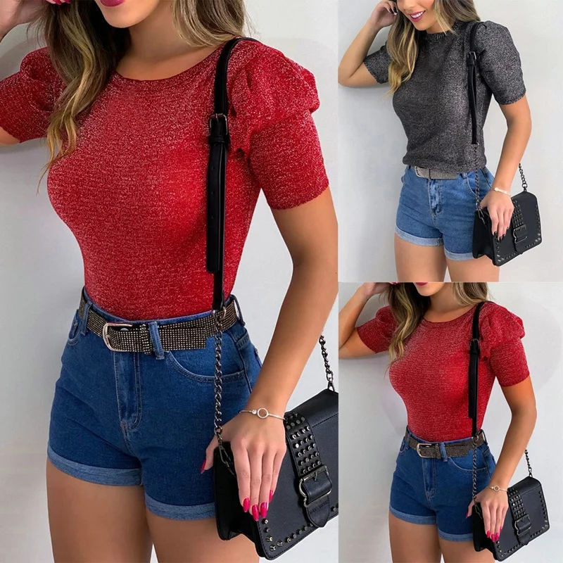 

Женская летняя футболка с круглым вырезом, тонкая трикотажная футболка с пышными рукавами, топ из яркого шелка