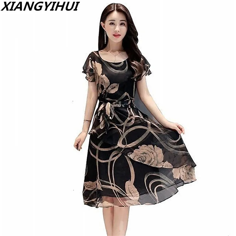 Женское шифоновое платье с бантом Повседневное цветочным принтом и круглым