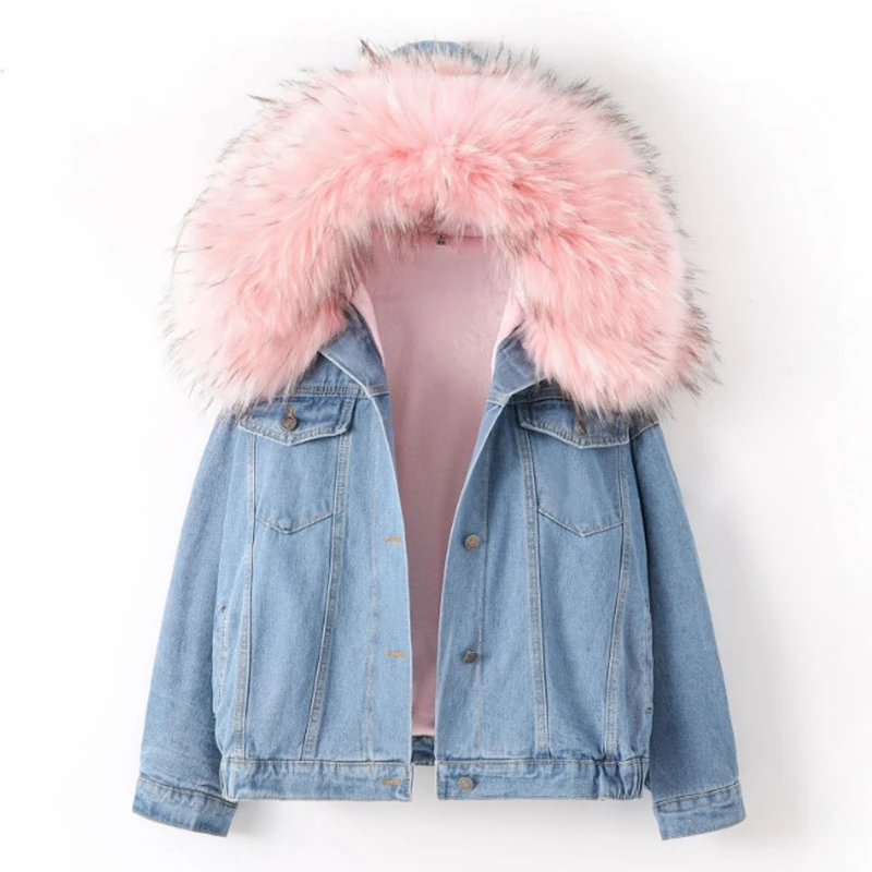 

Women's Denim Parkas Winter Fashion Plush Hooded Stitching Baggy Coat Casual Long Sleeve Pocket Single Breasted Koreaanse Parkas