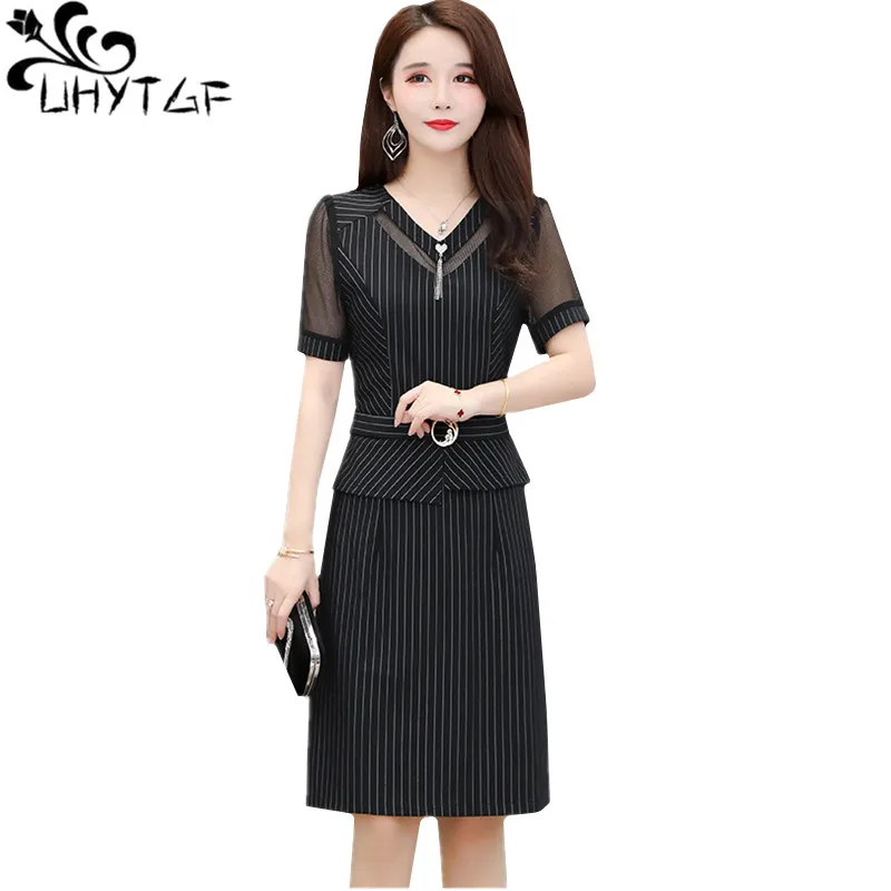 

Летнее платье UHYTGF, женские модные полосатые женские элегантные платья, корейский стиль, Благородное женское платье с V-образным вырезом, пов...