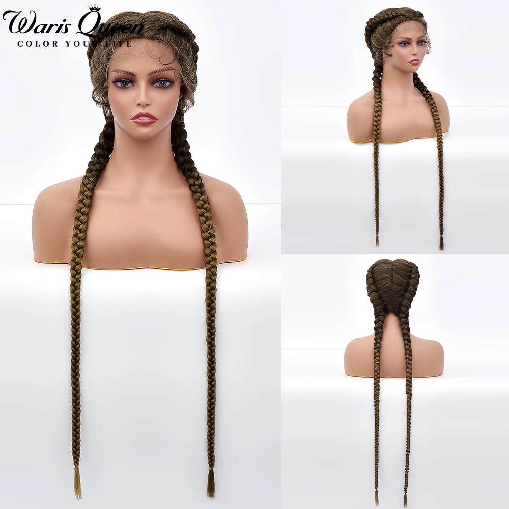 Braided Lace Front Wig Synthetic Wigs For Black Women Brown Ombre 36 Inch Long Dutch Twins Braids With Baby Hair Lace Frontal