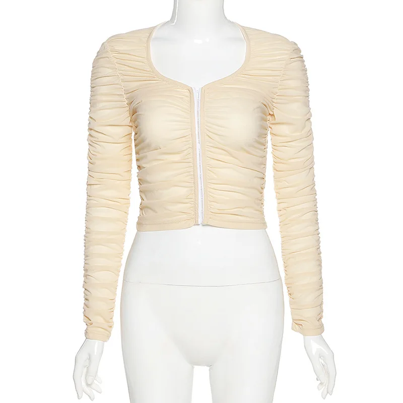 

Chic Mesh Ruched T-Shirts Fashion Long Sleeve Tees Elegant Breasted Blouse Womens Tops Cropped Sexy Round Neck Shirt Streetwear