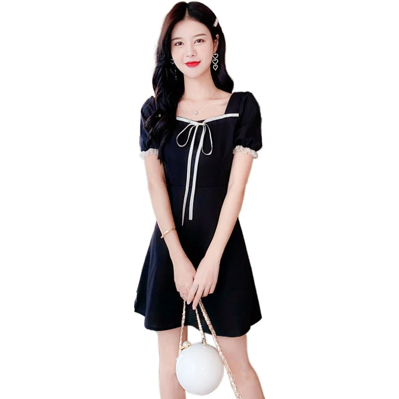 

2021 New Sweet Puff Sleeve Black Square Neck Dress Temperament Black Skirt Female Summer Ruffle Slim Soft Leisure Dress Elegant