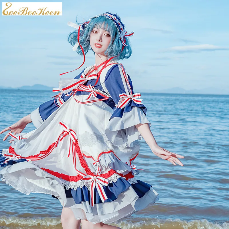 Женское платье для косплея Hanfu взрослых голубое с бантом и перекрестными лямками