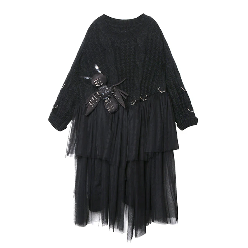 

XITAO Streetwear Plus Size Mesh Stitching Dress Women Trend Oversized Black Doll Decoration Knit Dresses Autumn Winter XJ3135