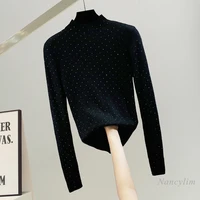 fashion hot drilling stand collar sweater women long sleeved slim fit stretch knitwear tops casual all match white black 2022