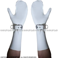 white sexy latex gloves with belts and d rings rubber mitts st 0052