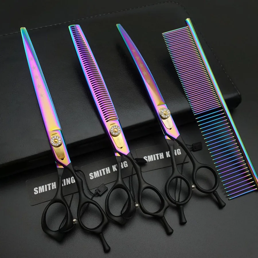 3 pcs set-Rainbow 8 дюймов профессиональные ножницы для ухода за домашними животными, SMITH KING 8〞резка/прямые ножницы/филировщики/изогнутые ножницы 440C высокое качество решетки - Цвет: 3 pcs set-Rainbow