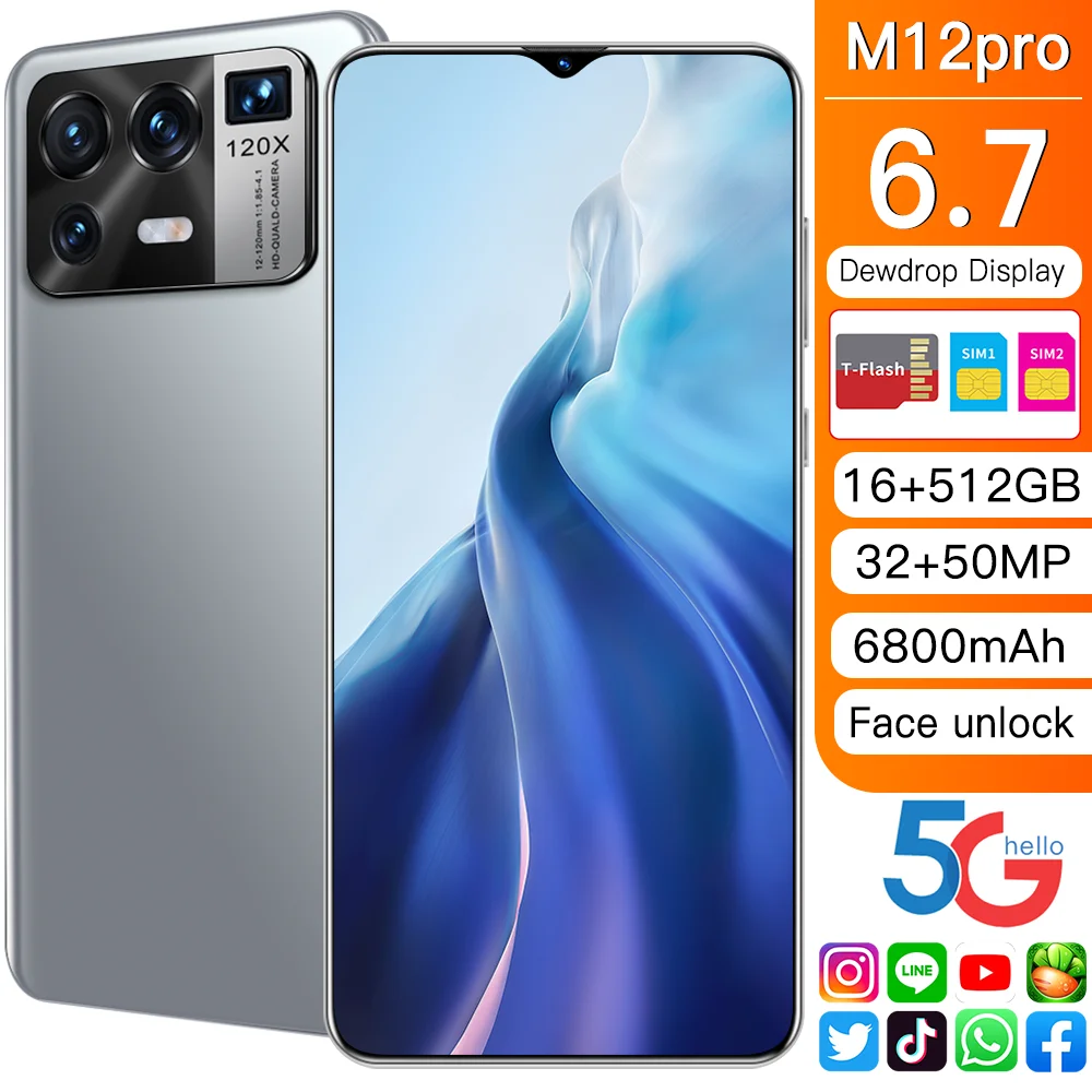 

2021 New Smartpone M12pro Global Version Smartphonr 16G 512G Android11 Face ID Finger Print 6800mAh Snapdragon Mobile Phone