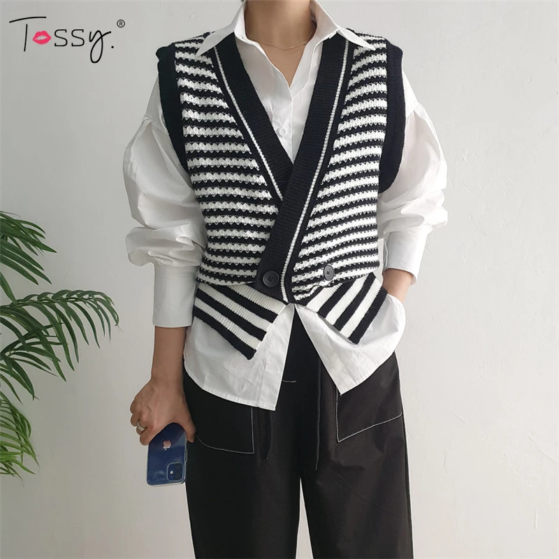 

Tossy Women's Striped Sleeveless Cardigan Vintage Knitted Sweaters Loose Irregular Cropped Tops 2022 Fall Winter Korean Outwear