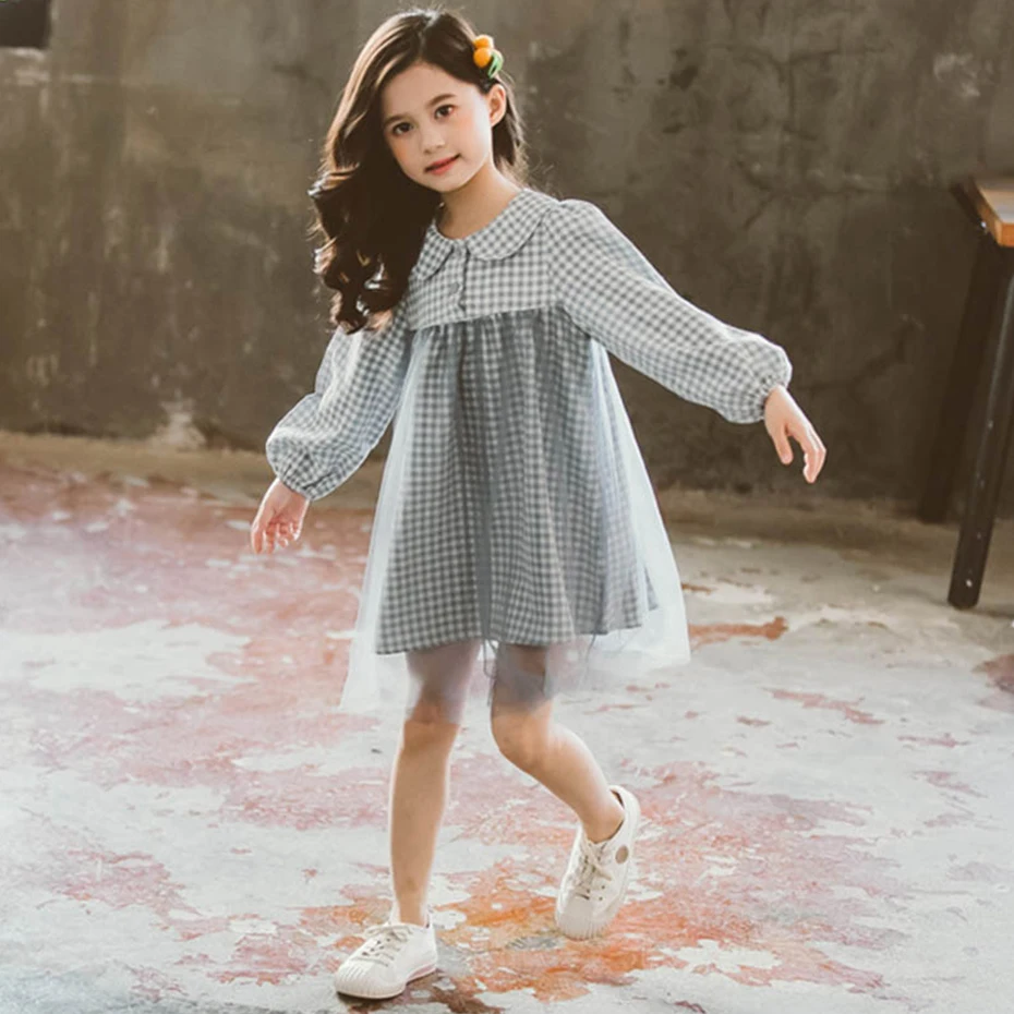 Платье Сетчатое платье в стиле пэчворк для девочек детское с длинными рукавами