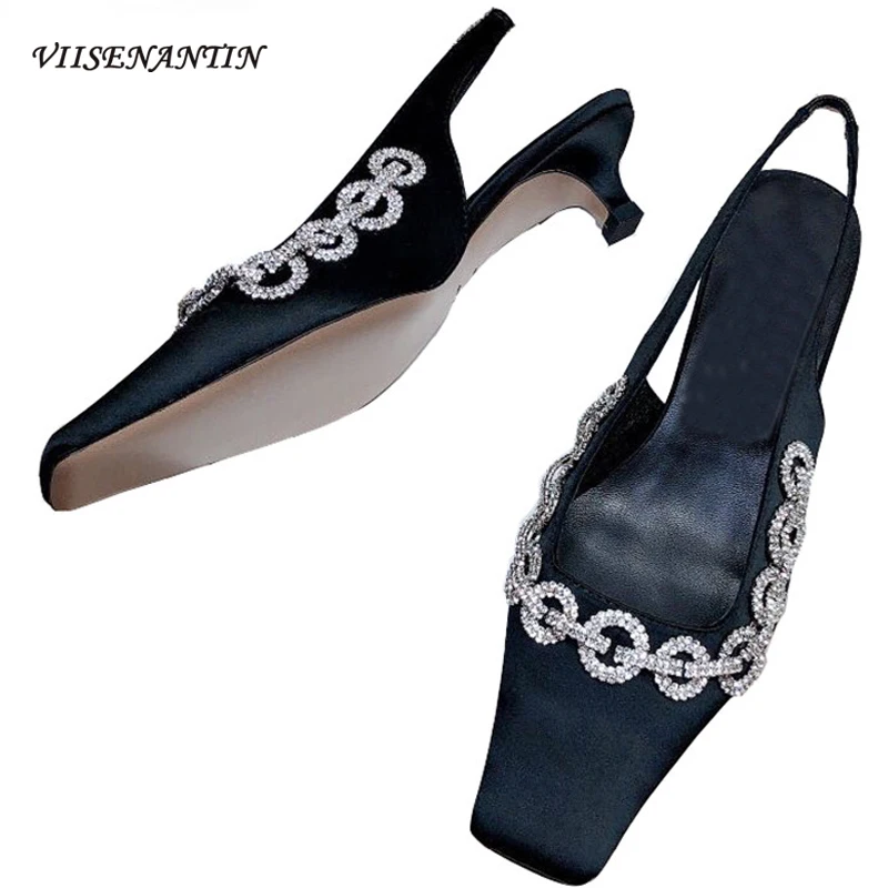 

Square Toe Kitten Heel Slingbacks Beading Crystal Necklacs Formal Shoes Women Silver Velour Dress Pumps Party Casual Slippers