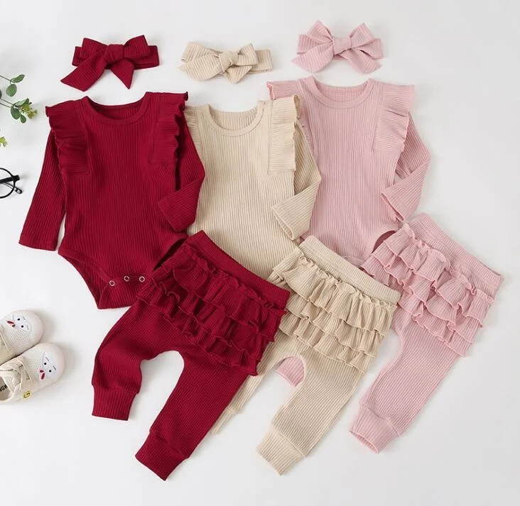 

New Born Baby's Ribbed Suit Girl Boy Solid Color Crew Neck Lace Long Sleeve Top Long Lace Pants and Hairband 3-piece Suits 0-24m