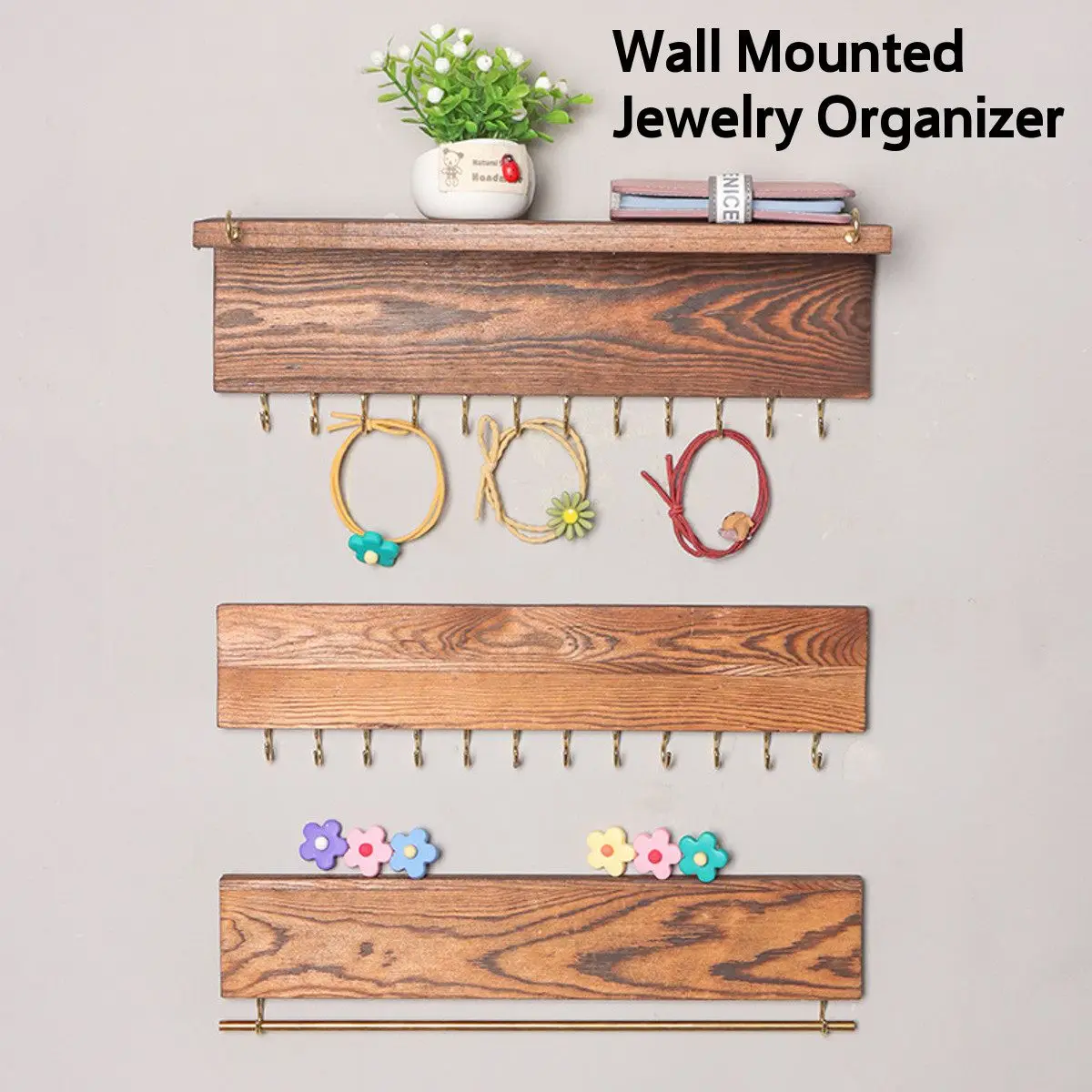 

3Pcs/set Wooden Wall Mounted Organizer Display Jewelry Hook Holder For Necklace Earrings Ring Scarf Hangers Jewellery Rack