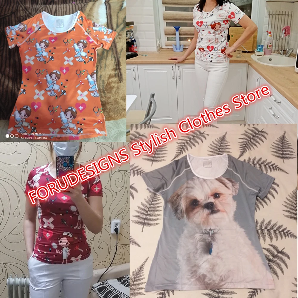 FORUDESIGNS O-neck Cotton Summer Female Slim Tops Cute White Dress Nurse Cartoon Print Black Tshirts Harakuju Women T-Shirts Tee