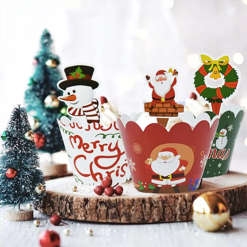 

24pcs/set Christmas Paper Cupcake Wrapper Santa Claus Snowman Cake Topper Merry Christmas New Year Party Dessert Cake Decoration