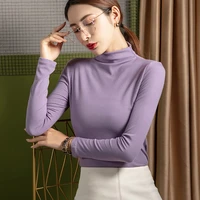 2021 autumn womens basic stand neck t shirt simple slim long sleeve elastic tops tee ropa mujer