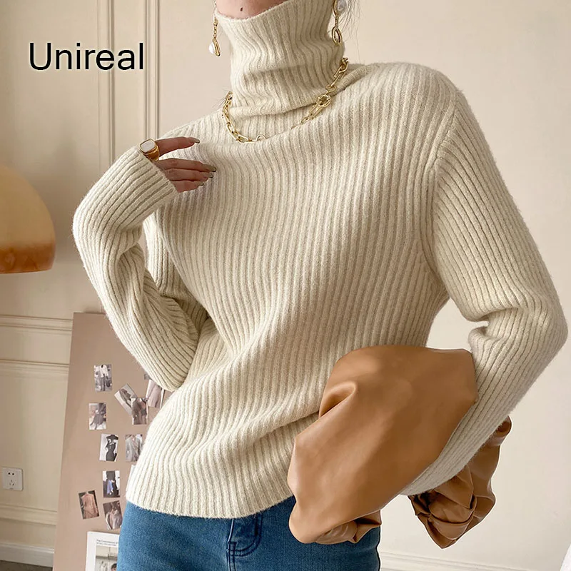 

Unireal 2022 Autumn Winter Women Turtleneck Sweater Female Jumper Stretch Warm Thick Knitted Pullovers Basic tops