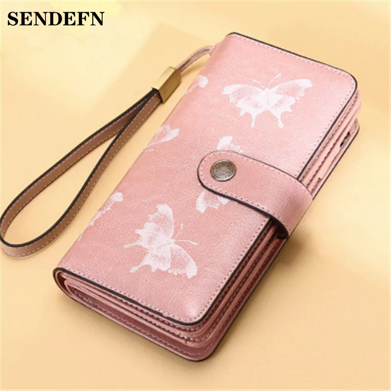 

Sendefn RFID wallet women Cowhide printed women wallet card wallet Long section Oil wax skin clutch Credit Card Holder portfel