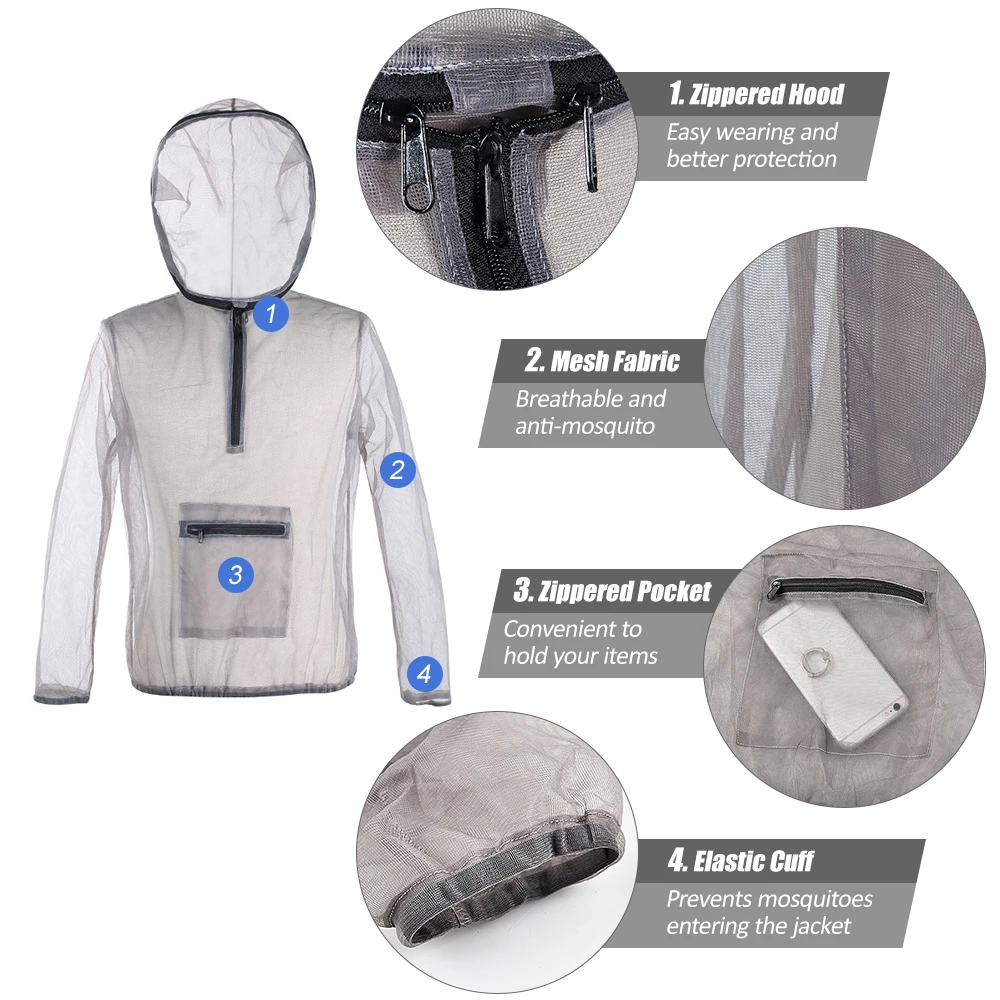 

Outdoor Survival Mesh Hooded Bug Jacket Anti-mosquito Protective Mesh Shirt Insect Shield for Camping Hiking Fishing Gardening