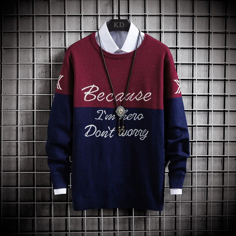 

Men's Sweaters Round Neck Autumn Winter Long Sleeve Pried Hip Hop Sweaters Male Stretch Casual Kintted Pullovers Tops Patchwork