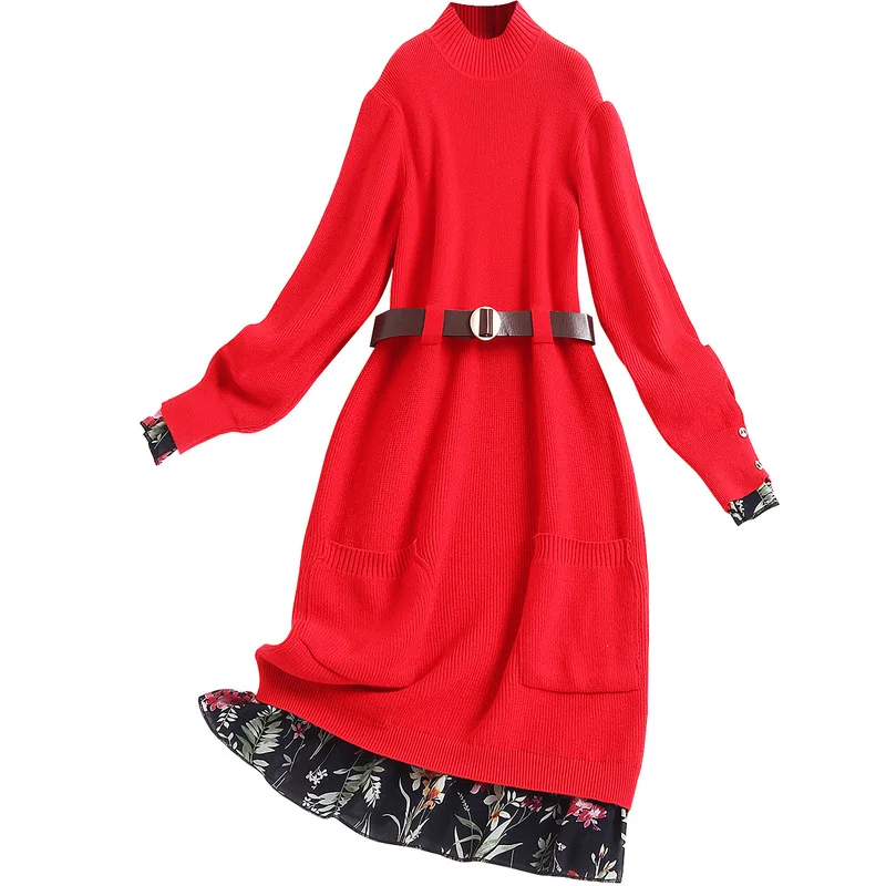 

2020 Fall Black Skirt Bottom Winter Office Lady Patched Chiffon Ruffles Sashes O Neck Red Knitted Dress Women