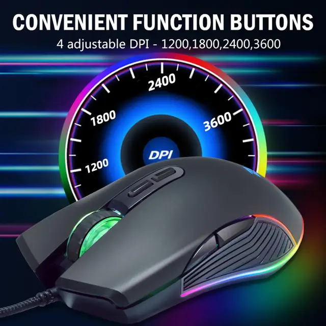 7200 DPI FPS Gaming Mouse RGB Backlit Optics Wired 7 Buttons USB for Computer with Fire Key AT962 5