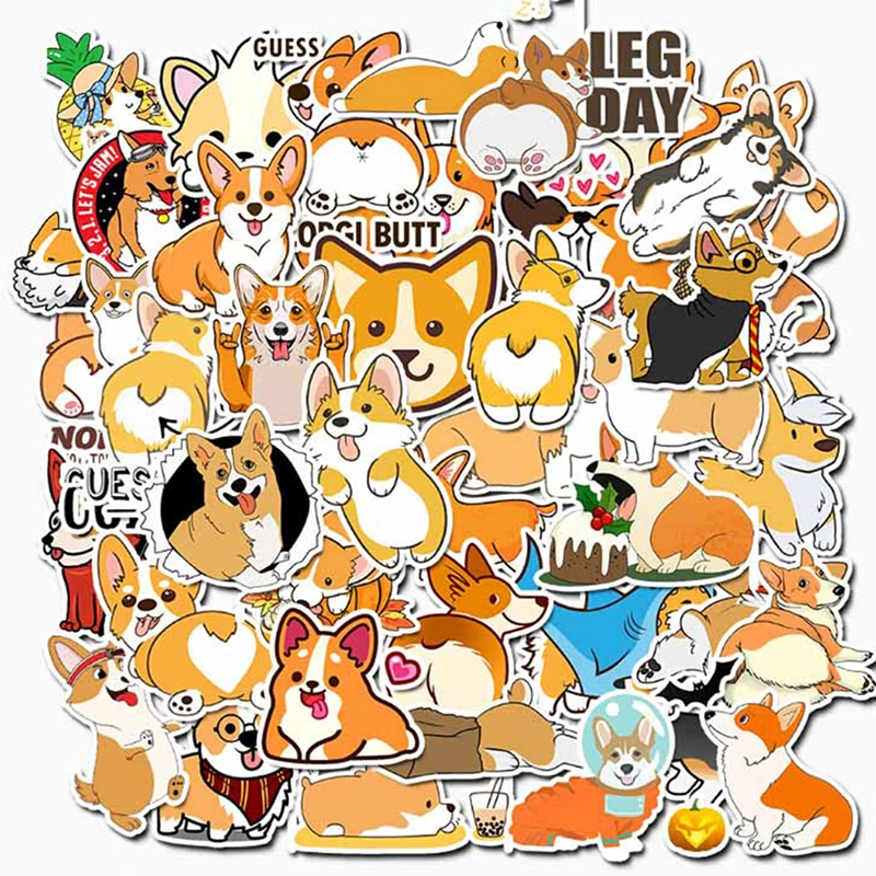 

50Pcs Cute Corgi Dog Stickers Skateboard Suitcase Laptop Guitar Car Stickers
