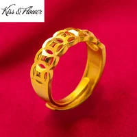 kissflower ri70 fine jewelry wholesale fashion woman girl birthday wedding gift vintage matte coin 24kt gold resizable ring