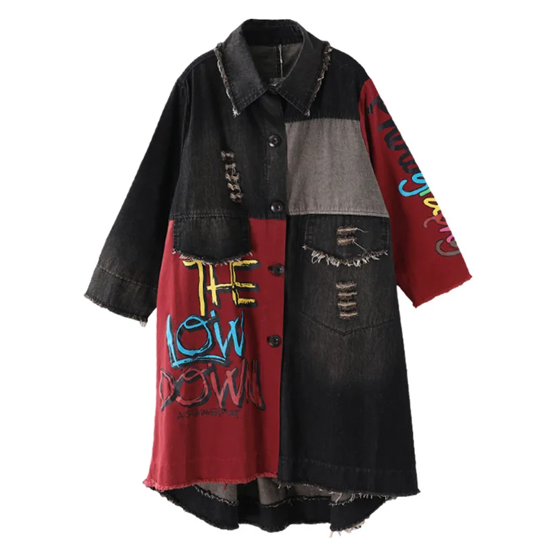 

Autumn Fashion Jean Coat For Women Large Size Long Sleeve Ripped Patchwork Vintage Print Oversize Loose Office Lady Denim Trench