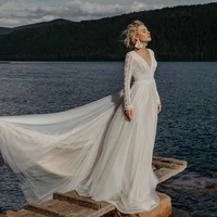 latest beach boho wedding dresses lace long sleeves wedding gowns back out v neckline bridal dresses court train 2021 on sale