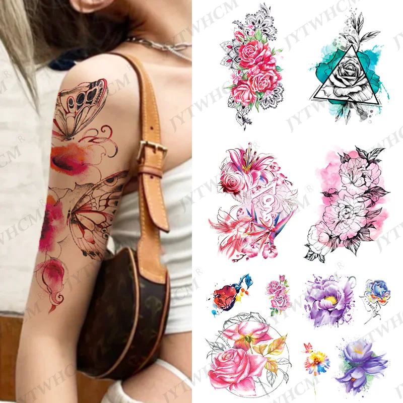 

Реалистичная временная татуировка с искусственными пионами для женщин и девушек, водостойкая татуировка с животными, цветами, наклейка, та...