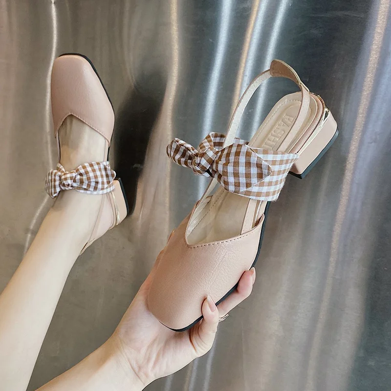 

Comfort Shoes for Women Female Sandal Med Clear Heels 2021 Summer Girls Closed Medium New Fashion Bow Low Beige PU Square heel B