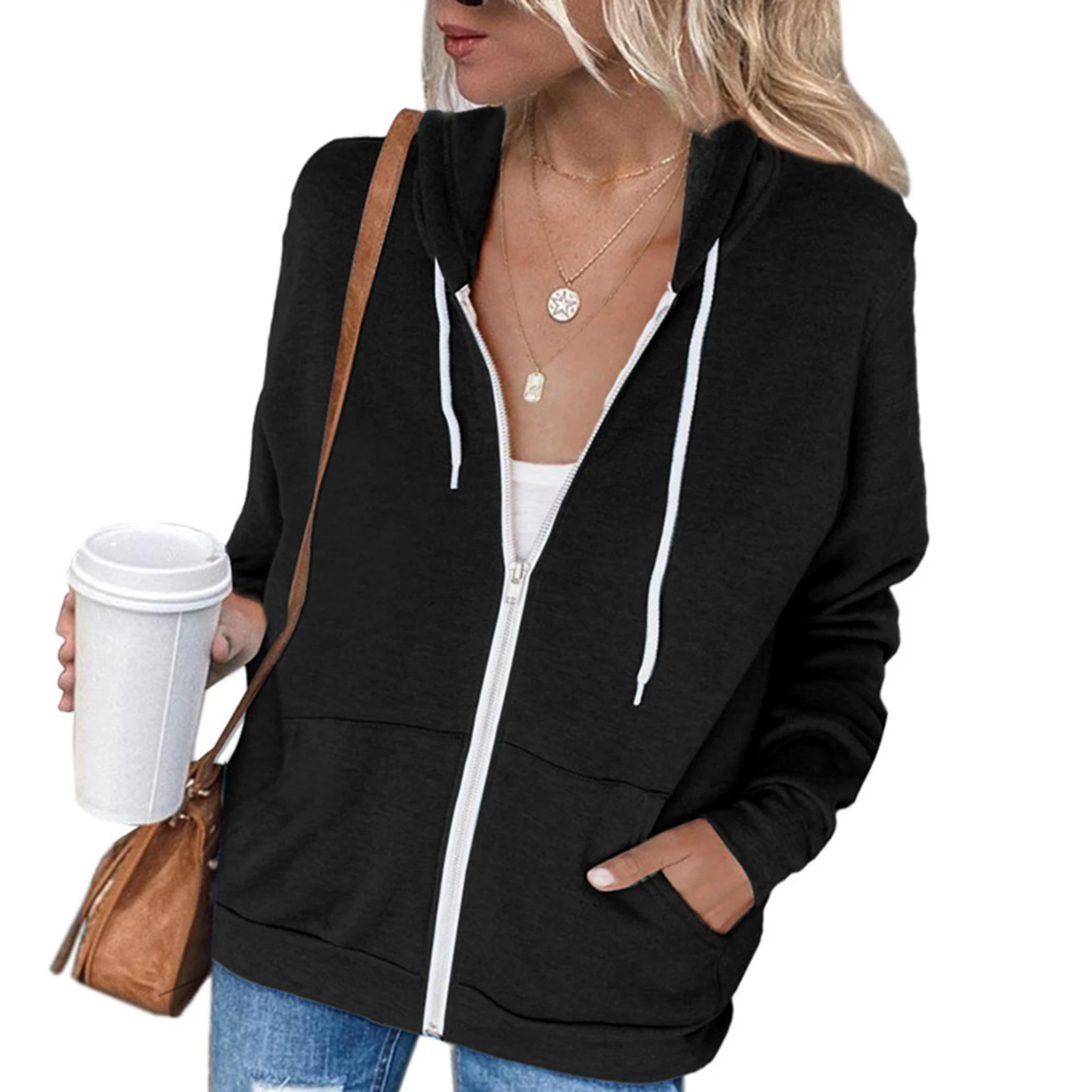

Women Autumn Winter Solid Color Zip Closure Hooded Coat Jacket Drawstring Hoodie