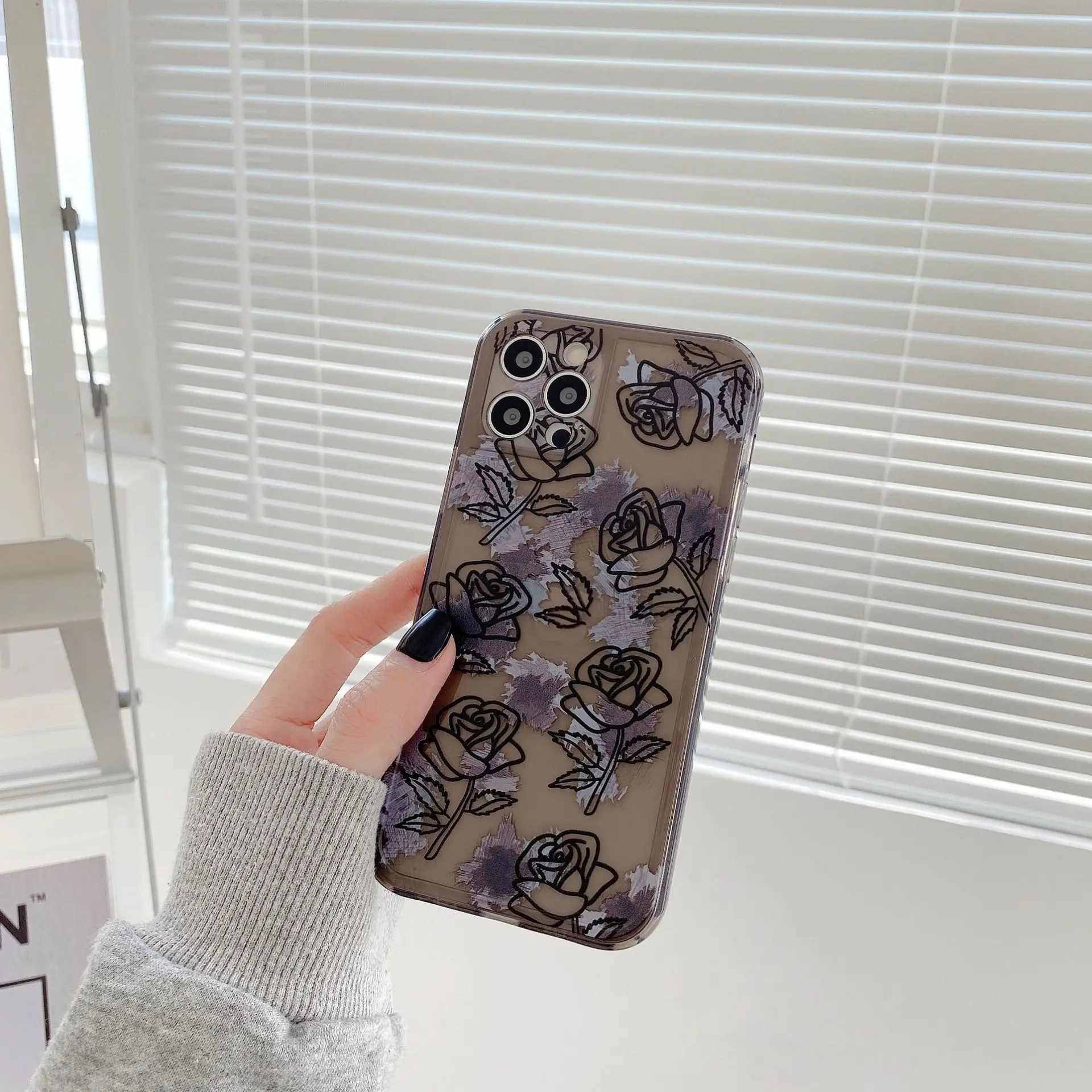 

Ins Style Black Rose Simple Printing Flower Phone Case For Apple IPhone 12 11 Pro Max X XS XR 7 8 Plus IPhone Case