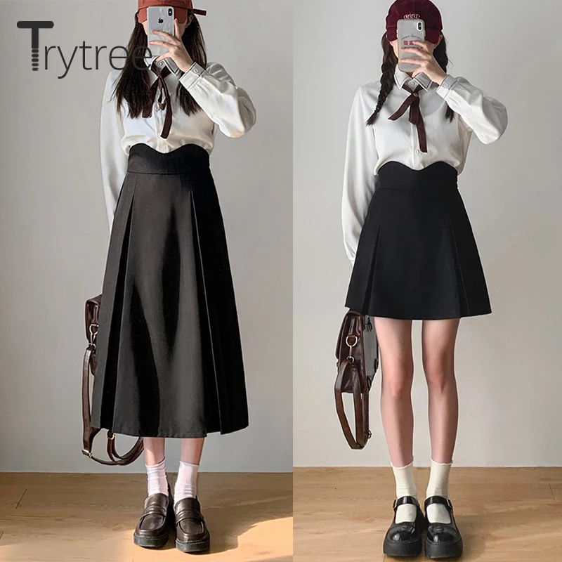 

Trytree 2021 Summer Autumn Women Skirt Casual Black High Waist Elastic Zipper Fashion Silky A-line Mid-Calf Skirts Office Staf