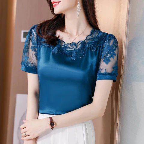 Женская атласная блузка с коротким рукавом и цветочным принтом