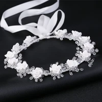 white fabric rose flower crown head wreath ribbon hairband wedding bride headdress beach wedding hair accessories for women girl