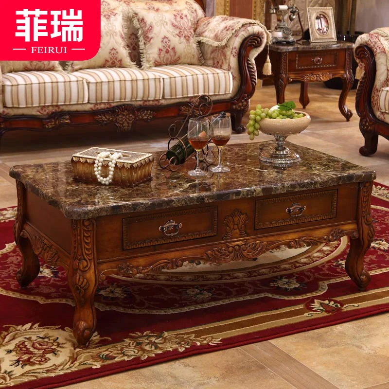 

European solid wood marble coffee table American carved classical long coffee table with drawer retro corner table
