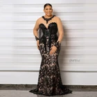 Черные кружевные вечерние платья, женское платье большого размера с длинным рукавом и юбкой годе Aso Ebi, выпускное платье с аппликацией, изготовленное на заказ платье Южной Африки