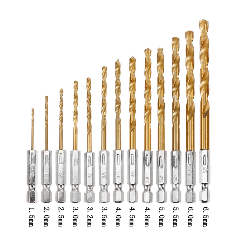 

13pcs 1/4 Hex Shank 1.5-6.5mm Hexagonal Handle Titanium Coated Twist Drill HSS Woodworking Drill Bit Set High Speed Steel