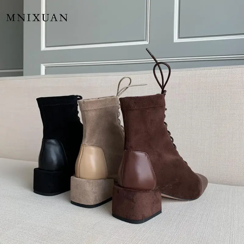 Женские ботильоны на шнуровке MNIXUAN черные ботинки из натуральной кожи блочном
