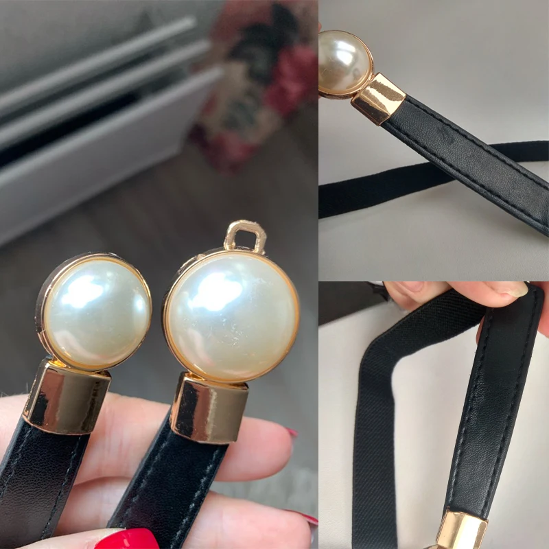 Ремень из искусственной кожи Женский тонкий эластичный пояс с двумя жемчужинами