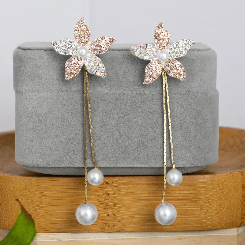 925 silver metal flowers stars geometric long crystal tassel pearl simple earrings female personality retro DIY wedding jewelry | Украшения
