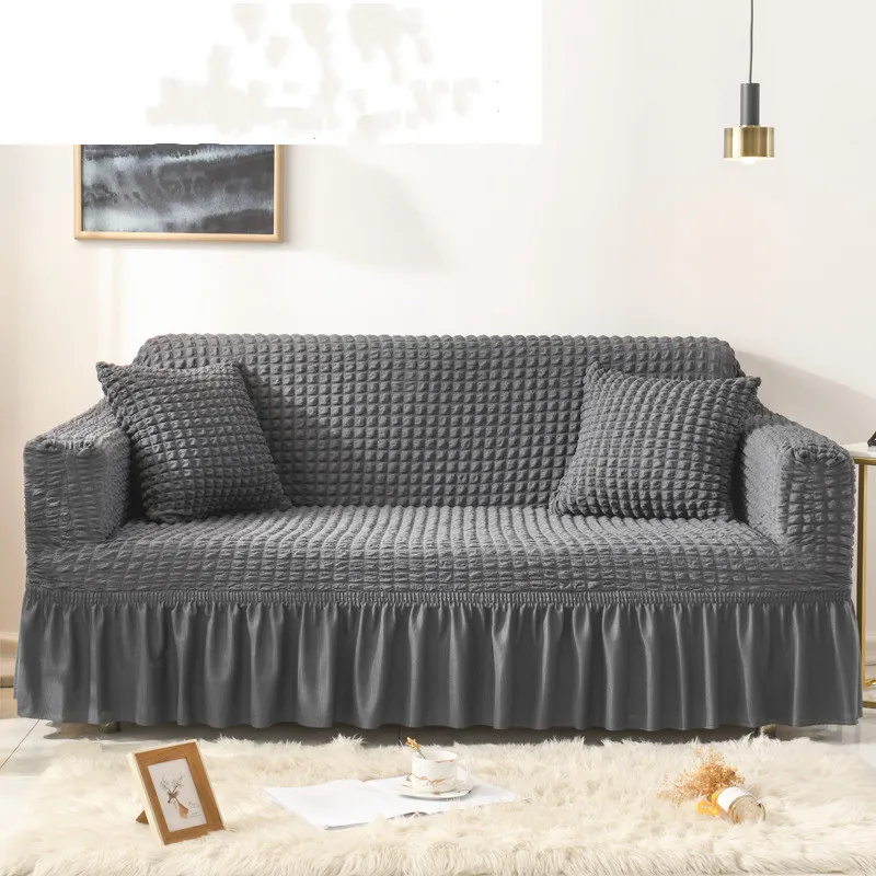 

Elastic All-Inclusive Living Room Sofa Cover Ruffle Skirt Design Solid Color Sofa Cushion Cover Cloth Towel QX35#